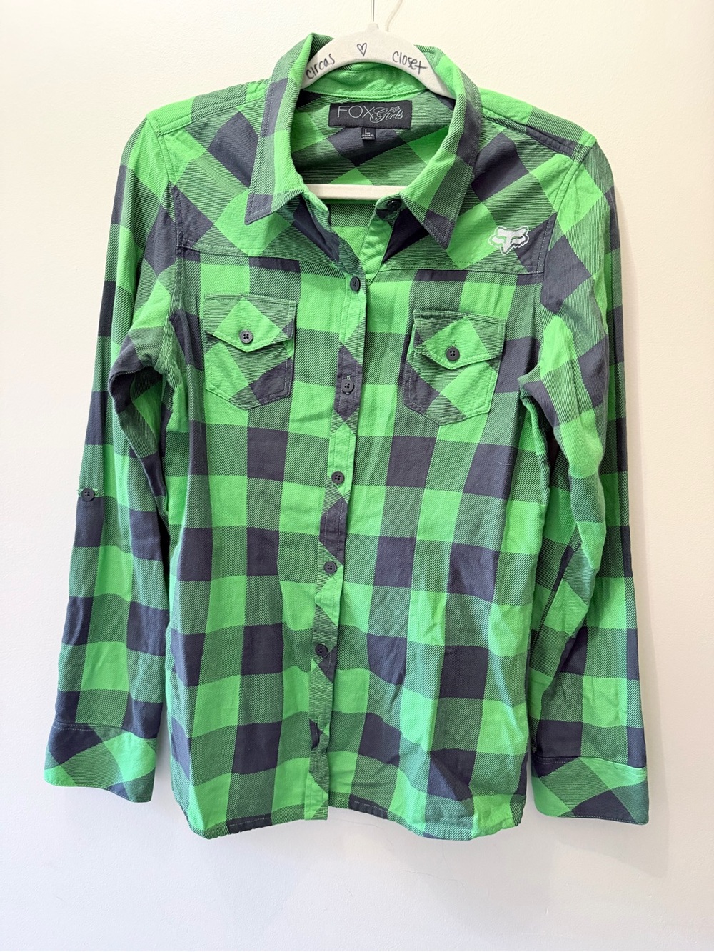 Y2K Fox Racing Girls Plaid Checkered Flannel Brat Lime Green Black Moto Racer L